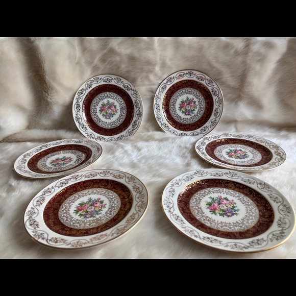 Vtg 1930 Edwin M. Knowles China Co.Semi Vitreous 6 Dessert Plates Floral22k Gold - Picture 7 of 9